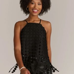 NWT Just Me Sleeveless Circle Black Fringe Halt Top Size M